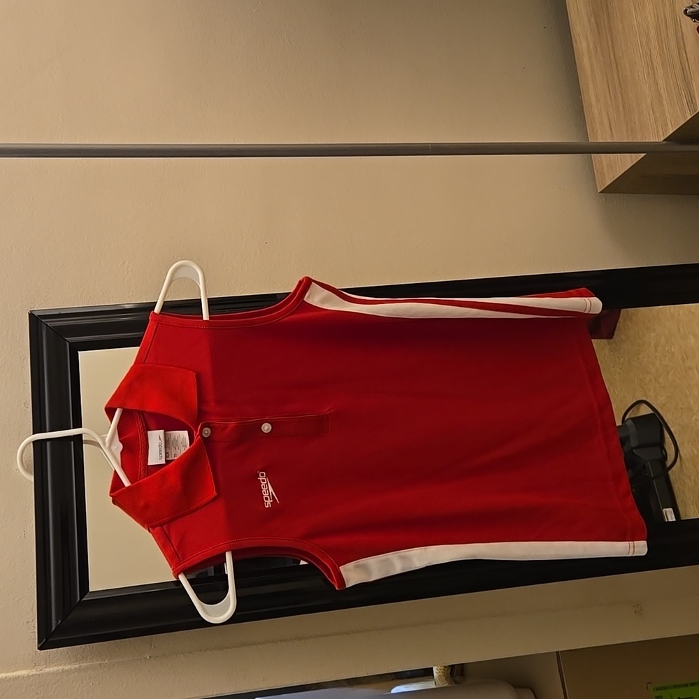 NWT Speedo Tennis Red White Stripes sleeveless Collared polo shirt tank top - Picture 2 of 8